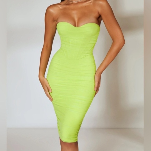 Oh Polly First Class Sheer Mesh Overlay Corset Midi Dress Lime NWT